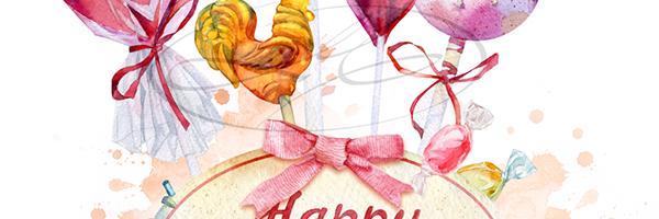 Watercolor collage on the theme of Valentine's Day candy in the shape of hearts and caramel . In the foreground is a plaque with an inscription and a bow.